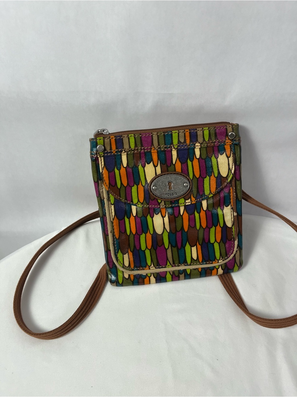 Fossil Multicolor Feather-Print Crossbody with Brown Strap